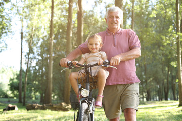 Senior man with granddaughter in bicycle basket.