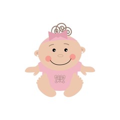 Baby girl illustration. Cartoon little girl is sitting on a white background. Raster illustration.