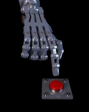 3D illustration of a robot hand about to push a red button. Depicting increased use of artificial intelligence and robotics in every day life.