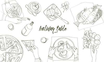 Festive tableful, laid table, holidays hand drawn contour illustration, top view. Background with place for text.