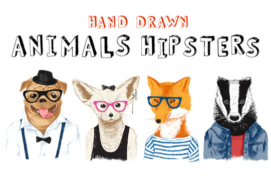 Hand drawn animals hipsters set