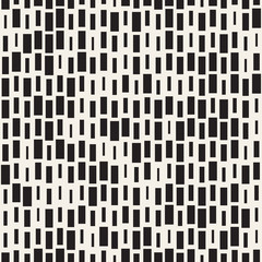 Vector Seamless Black And White Irregular Dash Rectangles Grid Pattern. Abstract Geometric Background Design