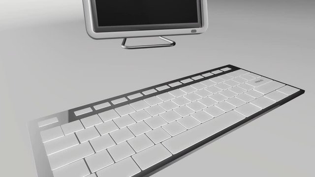 Seamless looping 3D animation of a computer keyboard with a fraud key pressed red and chrome version 