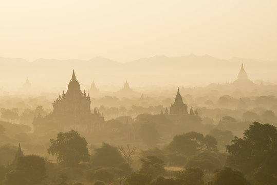 View of pagodas and temples during sunrise