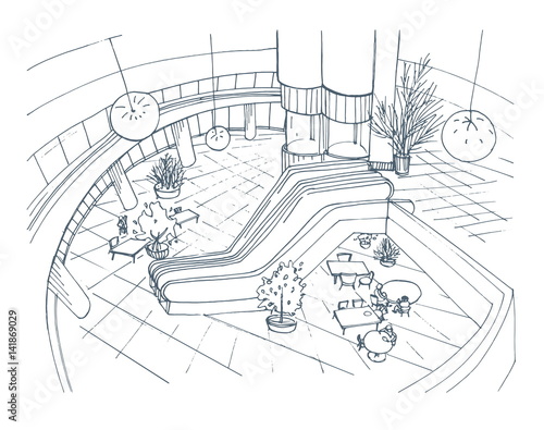 Modern interior shopping center, mall. Top view. Contour sketch ... Modern interior shopping center, mall. Top view. Contour sketch ...