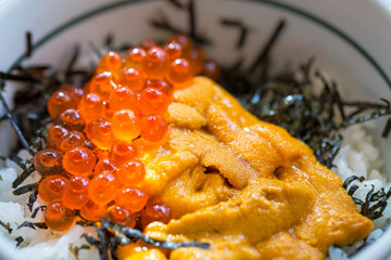 Japanese dish of salmon roe and urchin eggs with rice