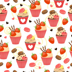 Candy seamless pattern with cupcakes, macaroons, strawberry, wafer rolls and sweet hearts. 
