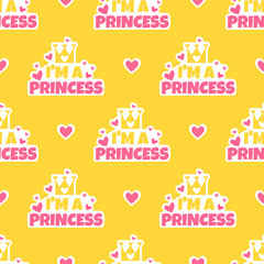 I'm a princess. Yellow seamless pattern with hearts, stickers and crown. Cute background for girls. 