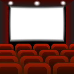 Interior of a cinema movie theater. Empty Cinema auditorium with white screen. Vector illustration.