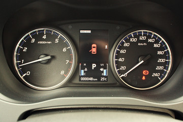 Vinnitsa, Ukraine - September 15, 2012. Mitsubishi concept car.Inside the car,steering wheel,interior of the car, logo Mitsubishi,showroom.Presentation of the new model Mitsubishi car