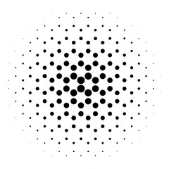 Abstract halftone circle of dots in radial hexagonal. Black and white vector illustration element.