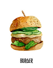 Burger illustration. Hand drawn watercolor on white background.