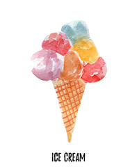 ice cream illustration. Hand drawn watercolor on white background.