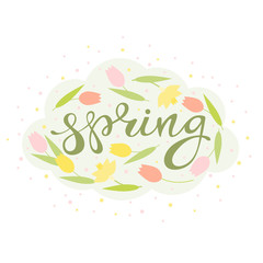 Spring floral card. Narcissus and tulips. Handwritten letters in flower frame. Vector illustration.