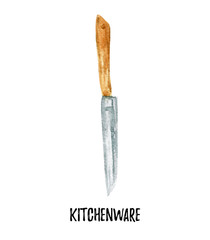 kitchen tools utencils illustration. Hand drawn watercolor on white background.