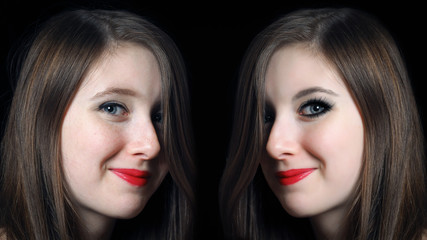 Portrait of a girl with good and bad makeup. Comparison