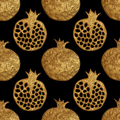 Gold abstract pomegranate pattern. Hand paintied seamless background. Summer fruit illustration.