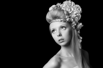 Black and white portrait of a young beautiful girl