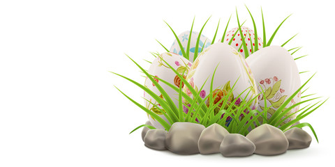 Holy Easter holiday colorful postcard with decorated eggs hiding in green grass and stones on white background, vector realistic illustration