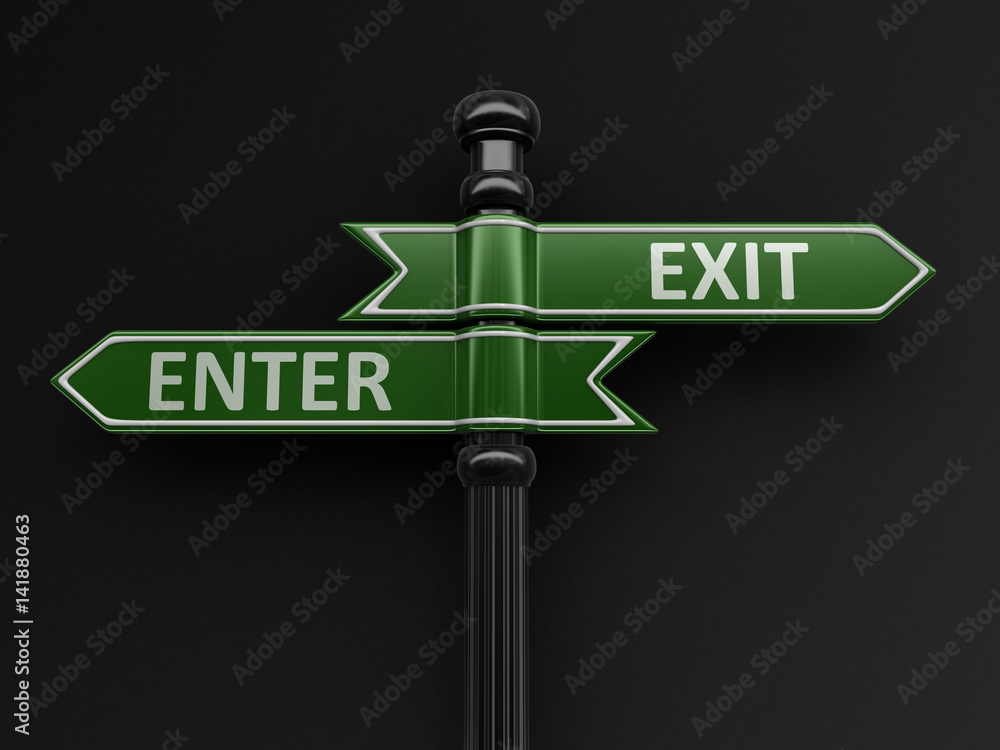 Poster enter and exit pointers on signpost. image with clipping path