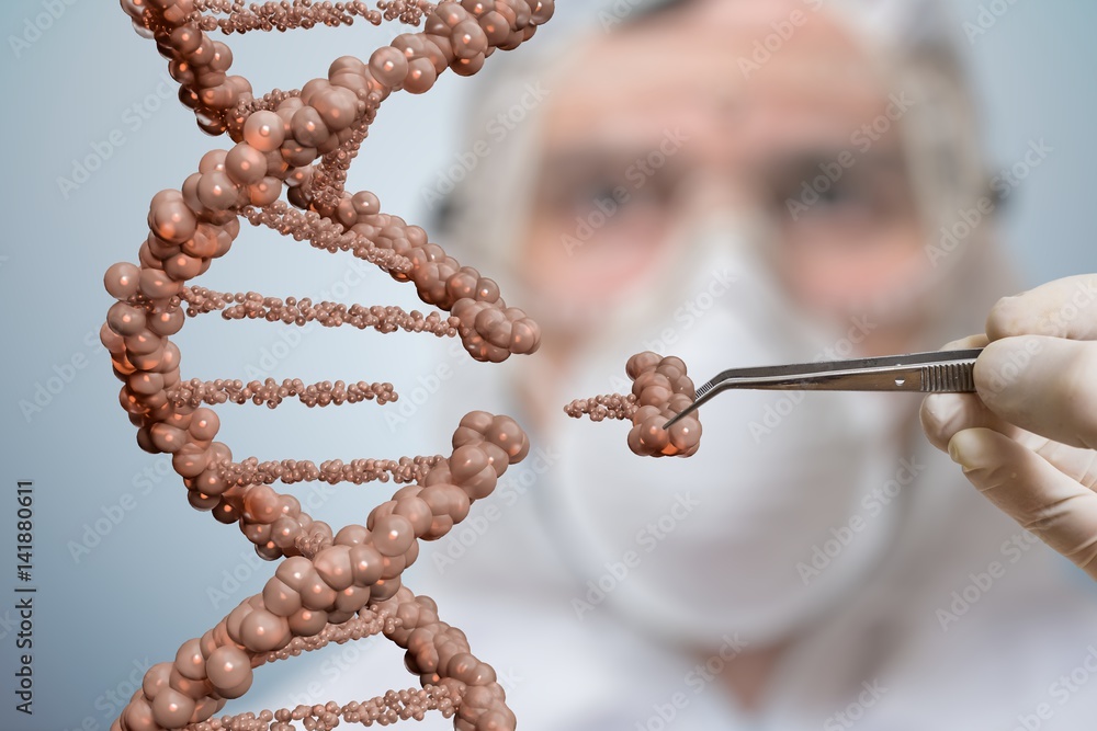 Poster scientist is replacing part of a dna molecule. genetic engineering and gene manipulation concept.