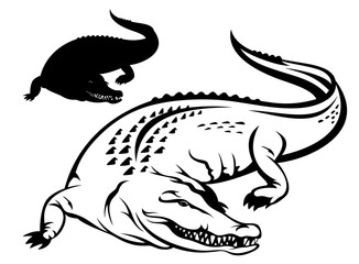 Naklejka premium crocodile vector illustration - black and white outline and silhouette