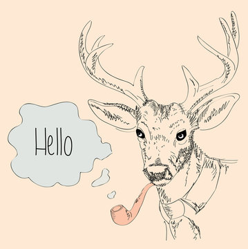 Beautiful vector illustration. Deer with smoking pipe.
