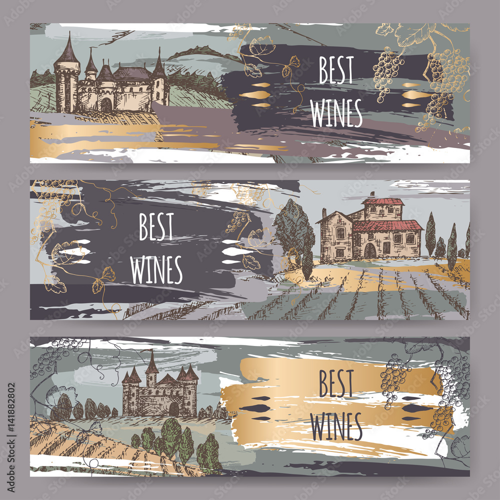 Wall mural three color wine label templates with castles, vineyard landscapes, grapevine.