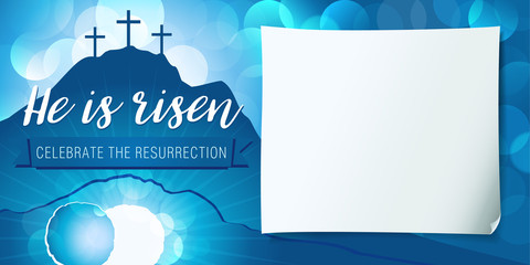 Hi is risen holy week poster. Easter christian motive, vector invitation to an Easter Sunday service with text He is risen on a background of rolled away from the tomb stone of Calvary