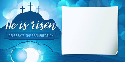 Fototapeta premium Hi is risen holy week poster. Easter christian motive, vector invitation to an Easter Sunday service with text He is risen on a background of rolled away from the tomb stone of Calvary