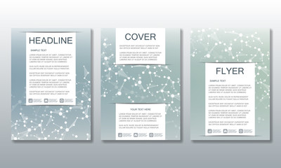 Set of business templates for brochure, flyer, cover magazine in A4 size. Structure molecule DNA and neurons. Geometric abstract background. Medicine, science, technology. Scalable vector graphics.