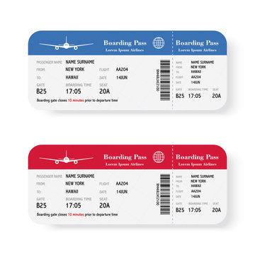 Set of the airline boarding pass tickets with shadow. Isolated on white background. Vector illustration.