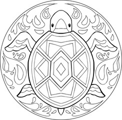 Decorative coloring mandala with turtle in the water.