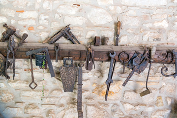 Old rusty tools seen in an old workshop