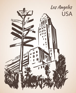 Los Angeles City Hall cityscape sketch.