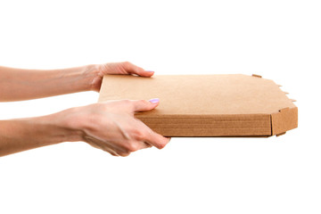Pizza delivery, pizza box with hand , isolated on white background