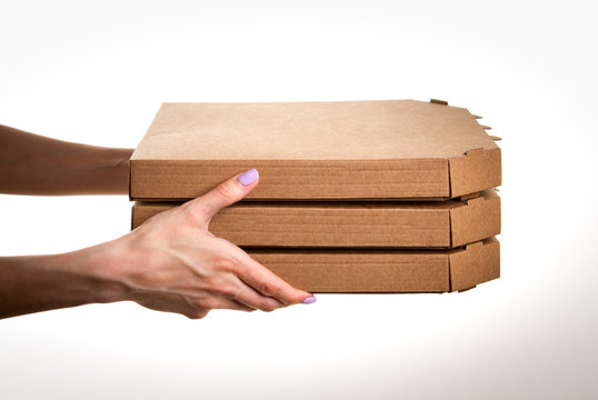 Pizza Delivery, Pizza Box With Hand , Isolated On White Background