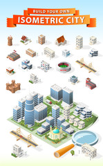Set of Isolated High Quality Isometric City Elements on White Background