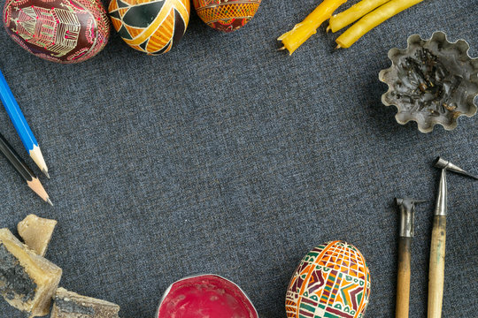traditional Easter eggs with ornament on Easter, items for making Easter eggs