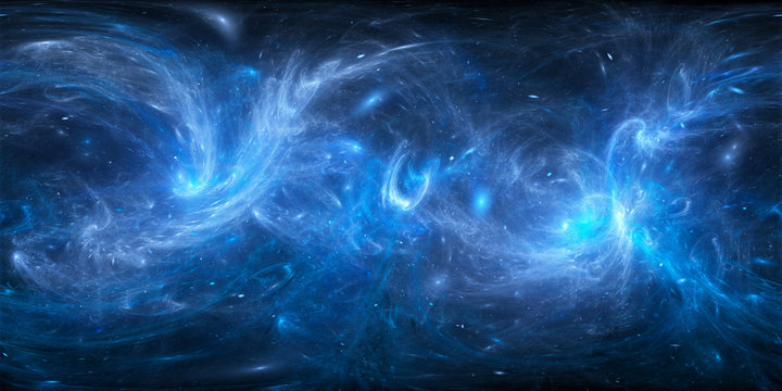 Blue glowing curvy force fields in space 360 degrees panorama
