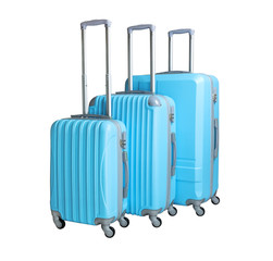 Three suitcases isolated on white background. Polycarbonate suitcases isolated on white. Green suitcases.