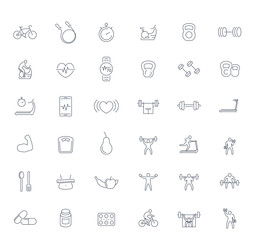 Fitness, workout, gym, diet, training icons set, 36 linear pictograms isolated over white