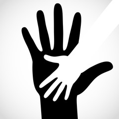 Black color big hand and white small hand concept. Help symbol hands support emblem. Hands icon illustration. Education, health care, medical, design element.