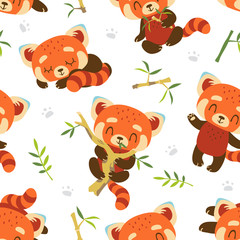 Naklejka premium vector cartoon red panda seamless pattern