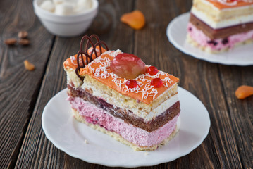 Delicious cake dessert with cream and fruit
