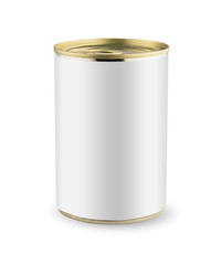 White blank tincan gold metal Tin Can, canned Food. Isolated on white background. Ready for your design. Real product packing.