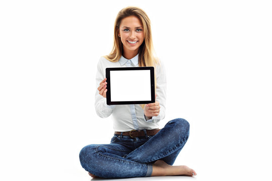 Woman Using Digital Tablet Computer PC Isolated On White Background