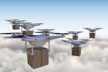 3D rendered illustration of many drones flying above the clouds and delivering packages. - obrazy, fototapety, plakaty