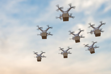 3D rendered illustration of many drones flying in the sky and delivering packages. - obrazy, fototapety, plakaty