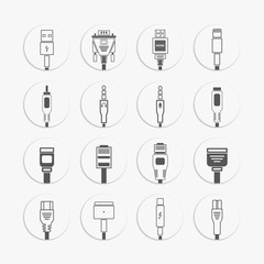 Electric plug, connectors and jack flat line icons set. Collection Connection technology, connector electric power, mobile devices connect, audio, video, wire and socket